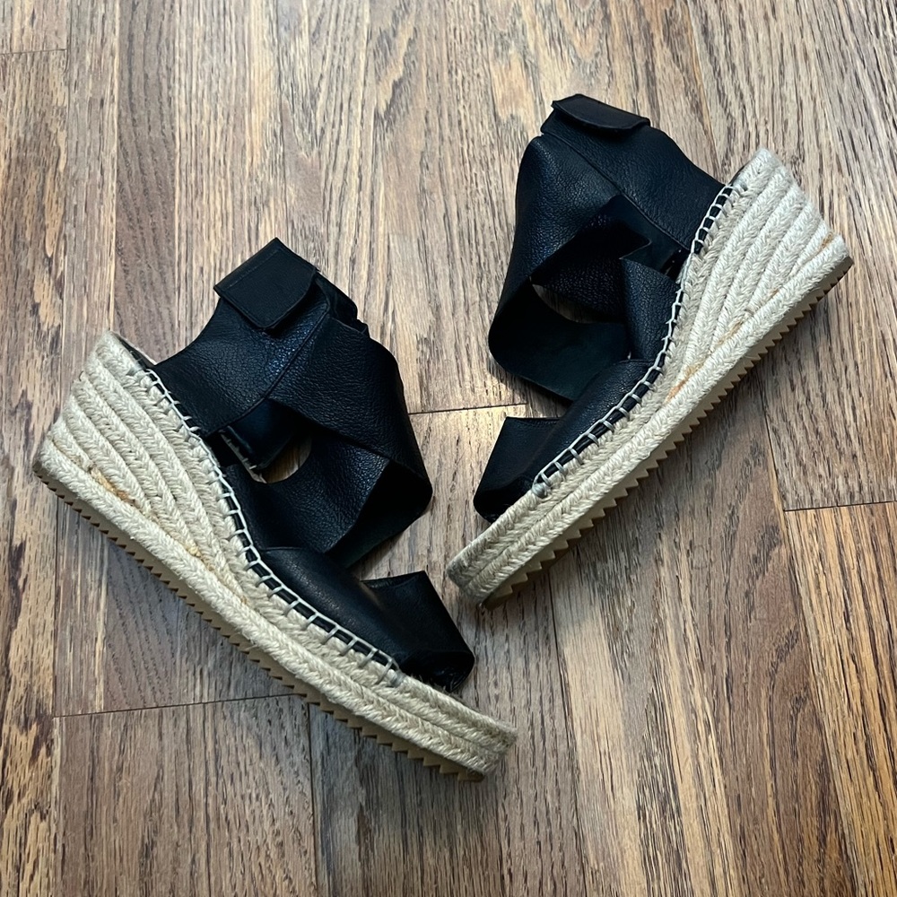 Eileen Fisher Black Leather Wedge Espadrilles, 9